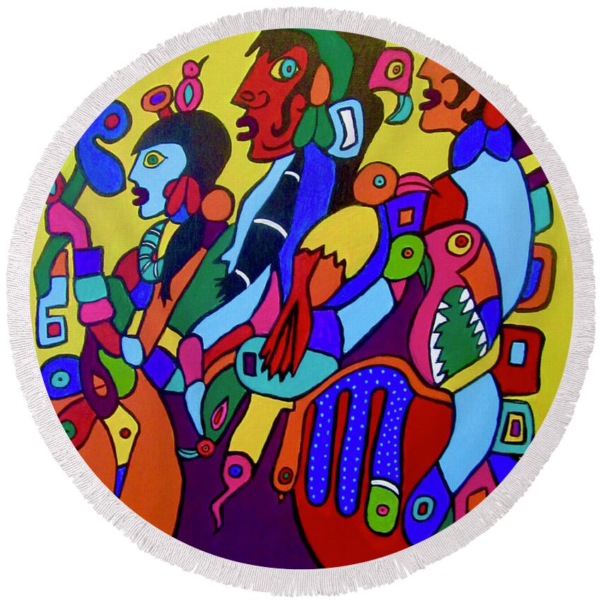 Warriors Round Beach Towel featuring the painting PowWow by Stephanie Moore