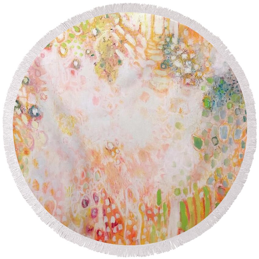 Pray Round Beach Towel featuring the painting Prayers Going Up Painting Number 5 by Laurie Maves ART