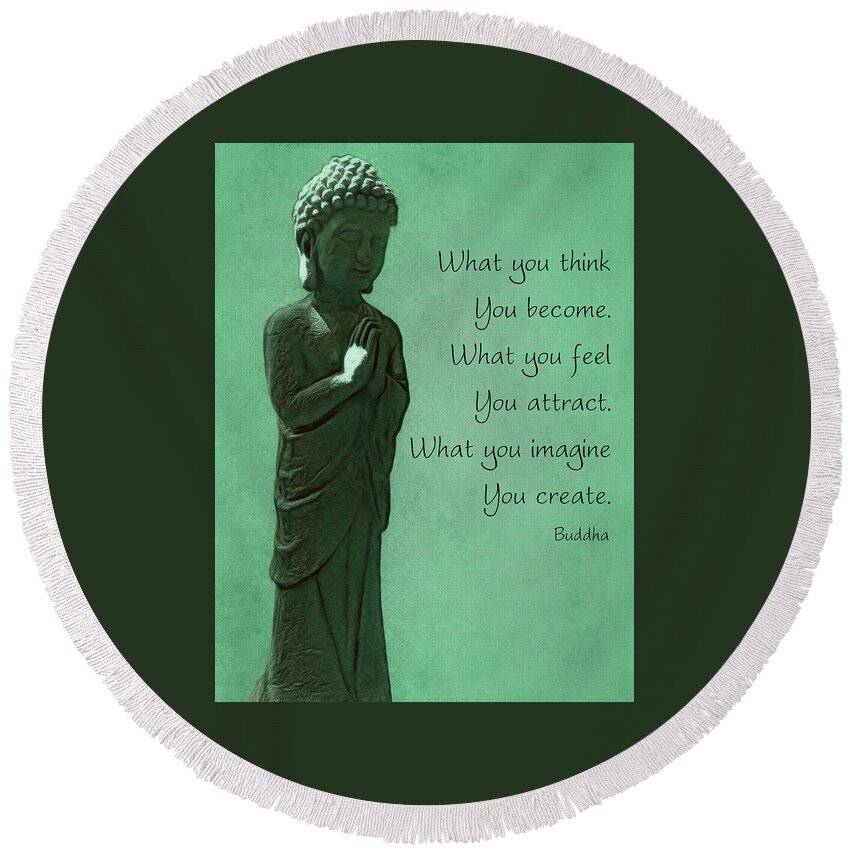 Buddha Round Beach Towel featuring the photograph Praying Buddha - Quote by Leslie Montgomery
