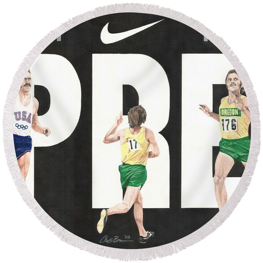 Steve Prefontaine Round Beach Towel featuring the drawing PRE by Chris Brown