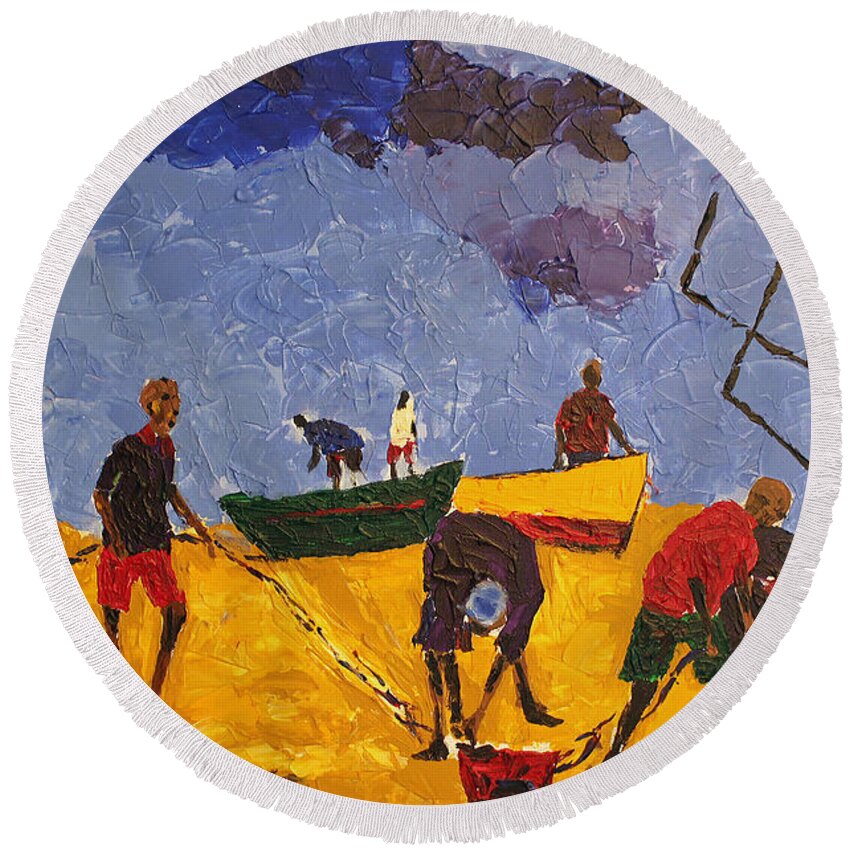 African Art Round Beach Towel featuring the painting Preparing For The Catch by Tarizai Munsvhenga