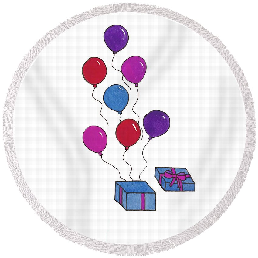 Birthday Round Beach Towel featuring the mixed media Present and Balloons by Lisa Neuman