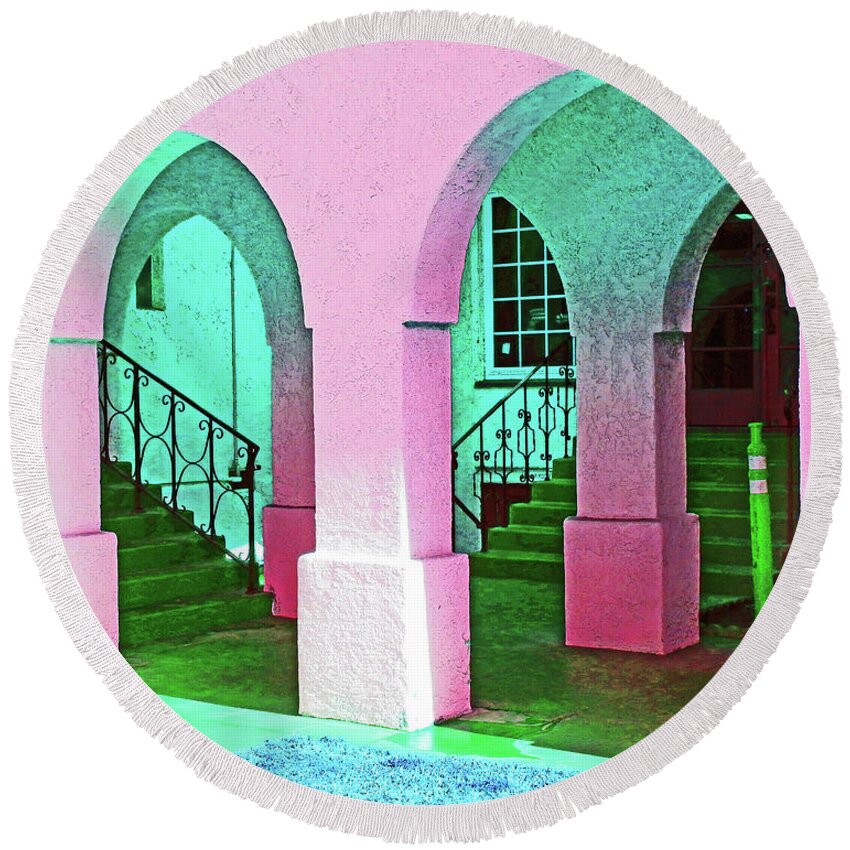 Architecture Round Beach Towel featuring the photograph Pretty Pink Arches by Andrew Lawrence