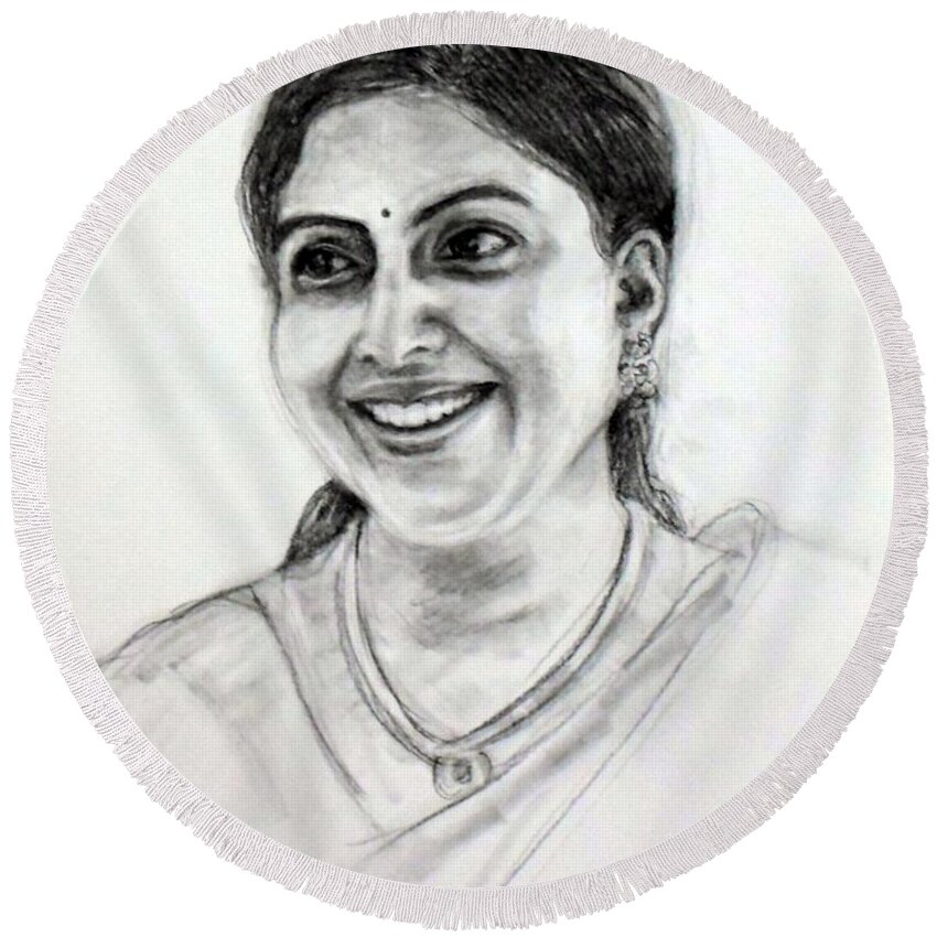 Portrait Round Beach Towel featuring the drawing Pretty smile by Asha Sudhaker Shenoy