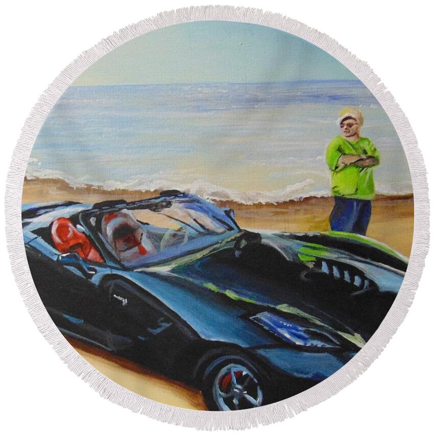 Car Round Beach Towel featuring the painting Pride and Joy by Saundra Johnson