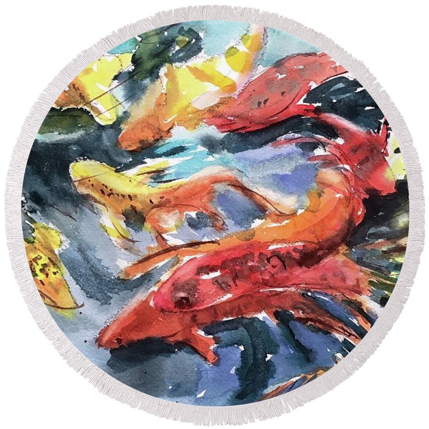 Koi Round Beach Towel featuring the painting Primary School by Judith Levins