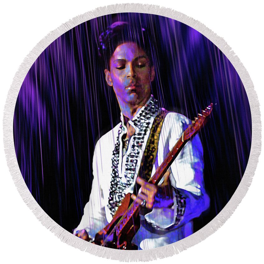 Prince Round Beach Towel featuring the mixed media Prince by Mal Bray