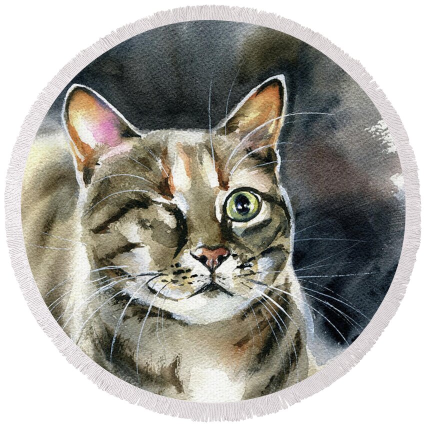 Cats Round Beach Towel featuring the painting Princess Raya Tabby Cat Painting by Dora Hathazi Mendes
