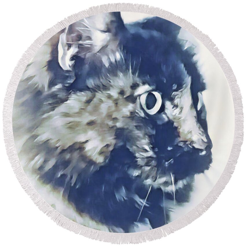 Cat; Kitten; Cat Face; Profile; Watercolor; Monochrome; Round Beach Towel featuring the painting Profile of a Princess by Tina Uihlein