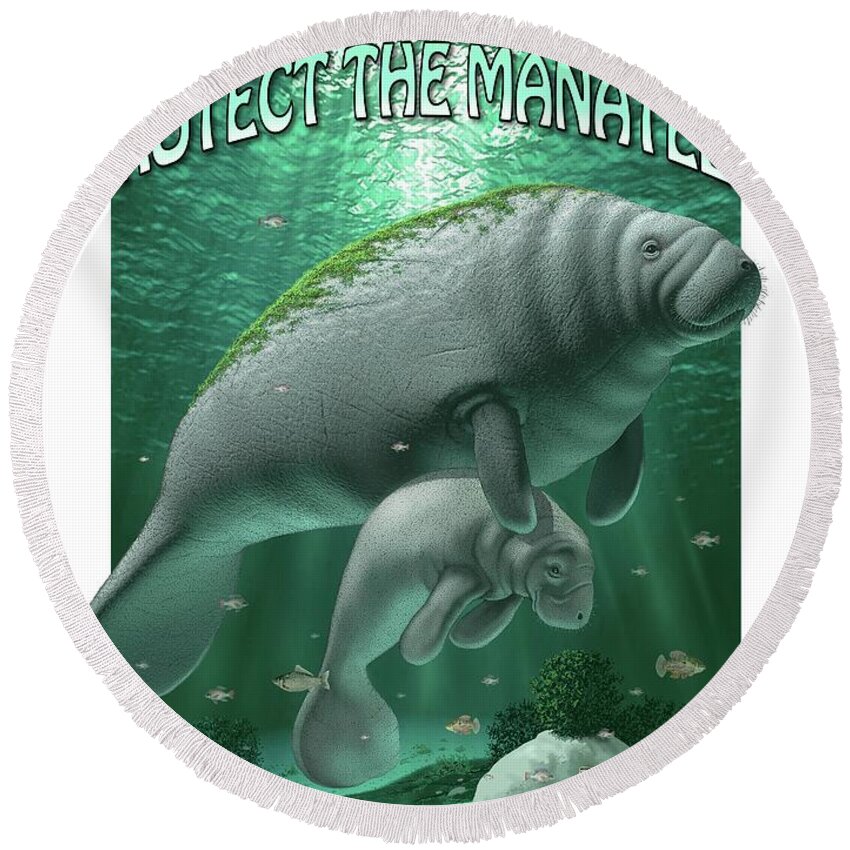 Manatees Round Beach Towel featuring the digital art Protect the Manatees by Scott Ross