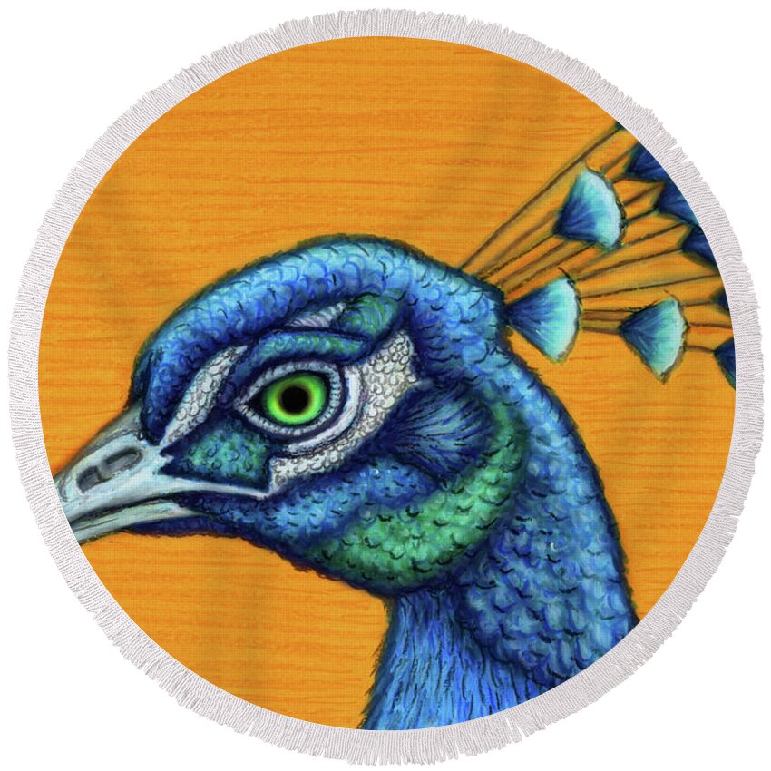 Peacock Round Beach Towel featuring the painting Proud Blue Peacock by Amy E Fraser
