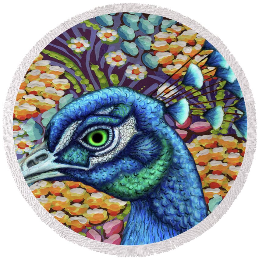 Peacock Round Beach Towel featuring the painting Proud Peacock Floral by Amy E Fraser