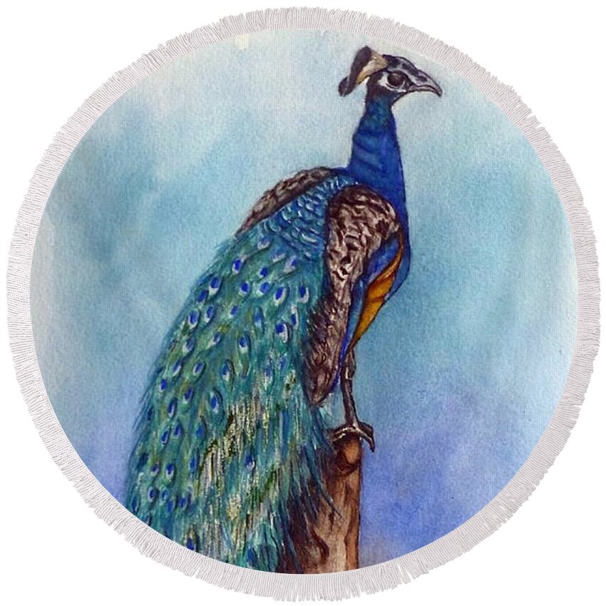 Peacock Round Beach Towel featuring the painting Proud Peacock by Kelly Mills
