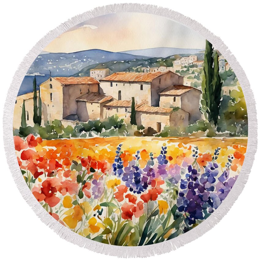 France Round Beach Towel featuring the digital art Provence Village by Manjik Pictures