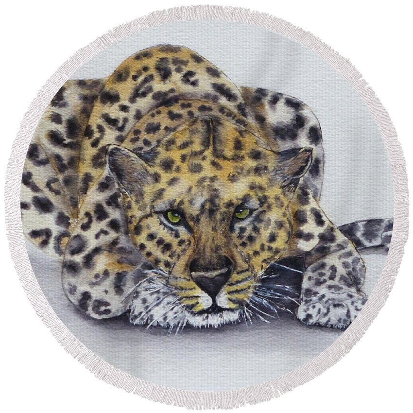Leopard Round Beach Towel featuring the painting Prowling Leopard by Kelly Mills