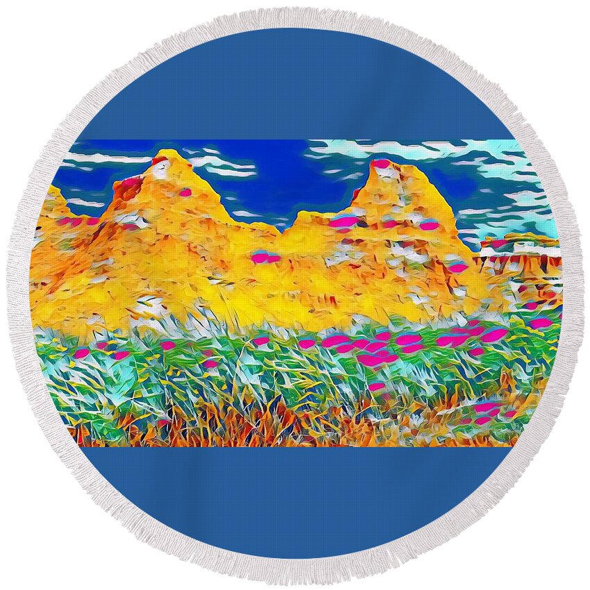 Psychedelic Round Beach Towel featuring the digital art Psychedelic Hills by Ally White
