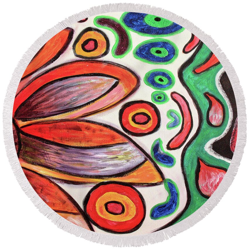 Abstract Round Beach Towel featuring the painting Psychedelic Summer by Jolanta Anna Karolska