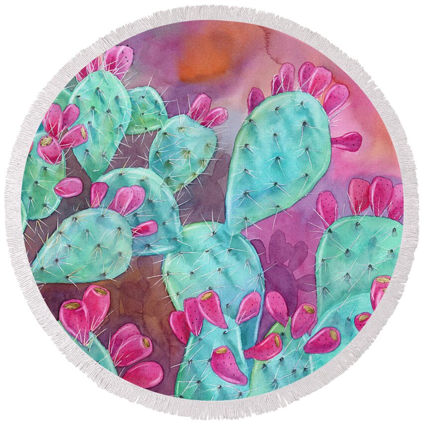 Opuntia Round Beach Towel featuring the painting Psychodelic Opuntia by Espero Art