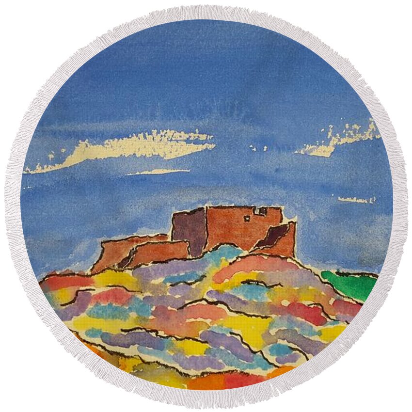 Watercolor Round Beach Towel featuring the painting Pueblo of Lore by John Klobucher