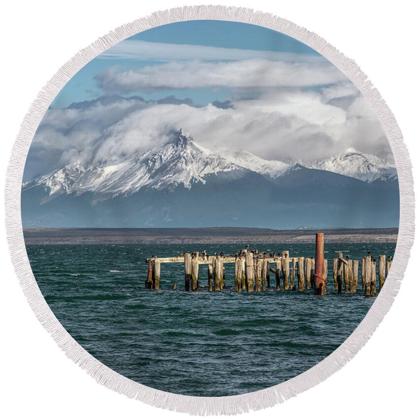 Andes Round Beach Towel featuring the photograph Puerto Natales Braun and Blanchard pier and White-breasted Cormorants by Henri Leduc