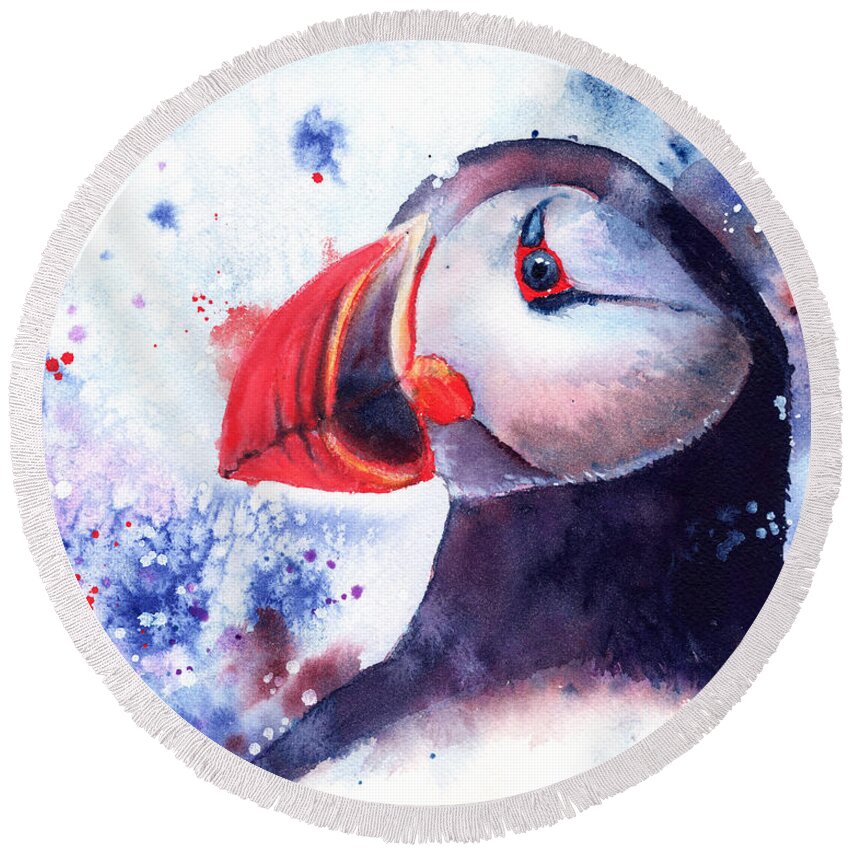 Puffin Round Beach Towel featuring the painting Puffin by Kirsty Rebecca