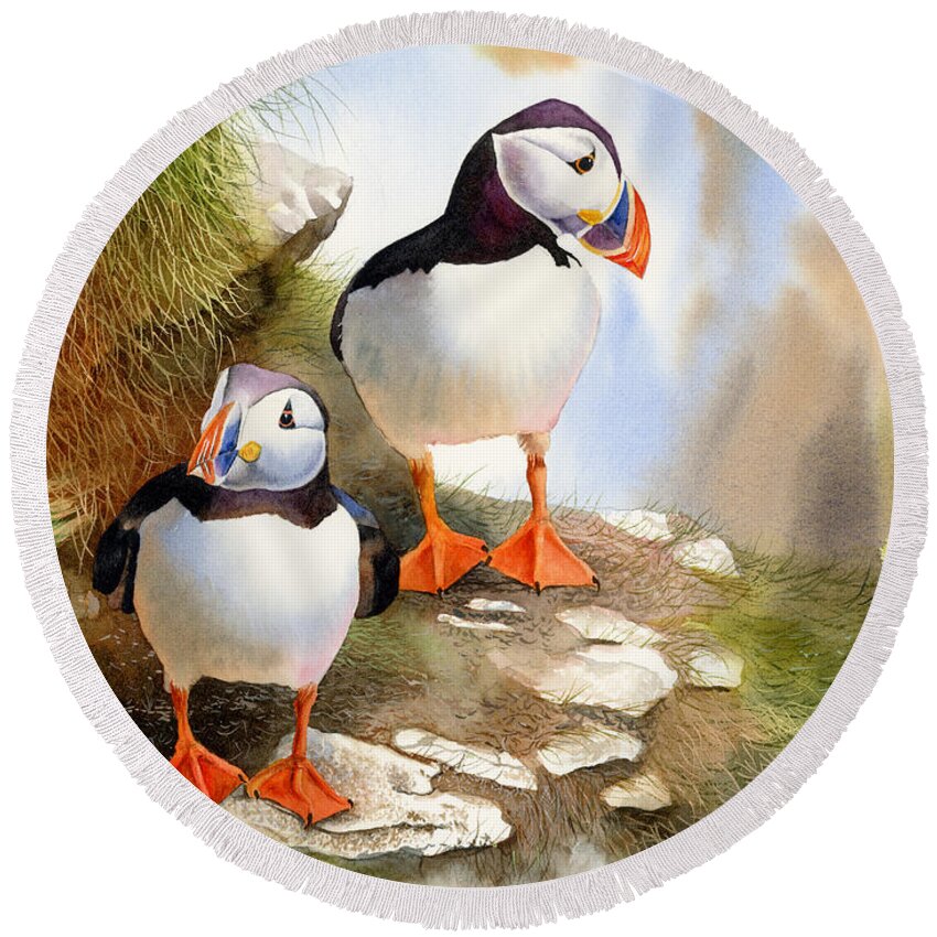 Puffins Round Beach Towel featuring the painting Puffins by Espero Art