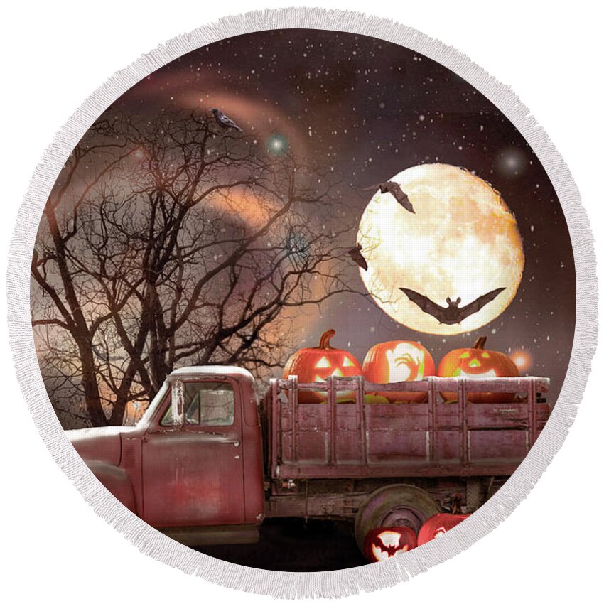 Truck Round Beach Towel featuring the photograph Pumpkins under the Halloween Country Moon by Debra and Dave Vanderlaan