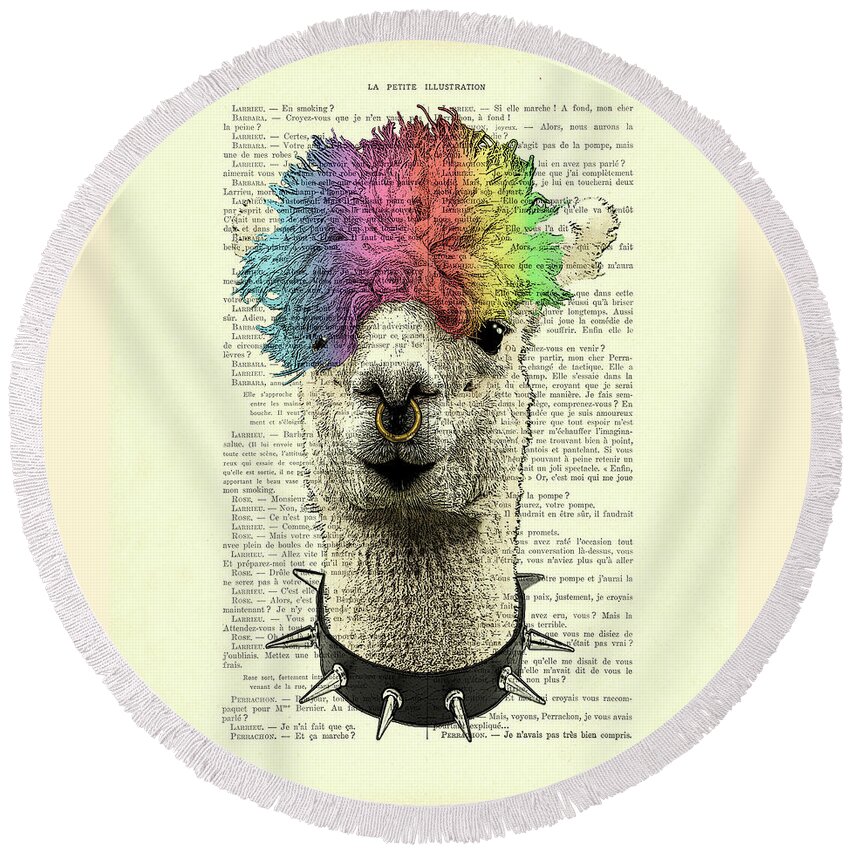 Llama Round Beach Towel featuring the digital art Punk rock style alpaca book page art by Madame Memento