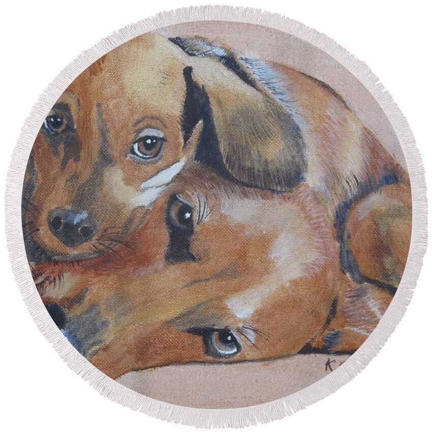 Pets Round Beach Towel featuring the painting Puppies Cuddling by Kathie Camara