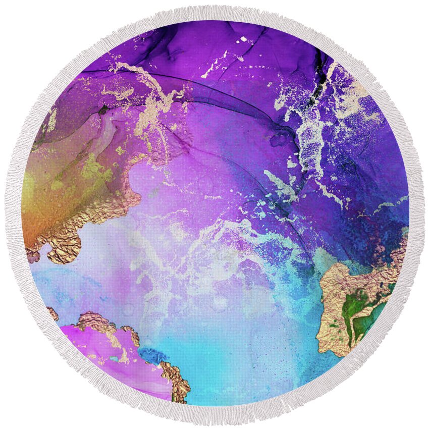 Purple Round Beach Towel featuring the painting Purple, Blue And Gold Metallic Abstract Watercolor Art by Modern Art