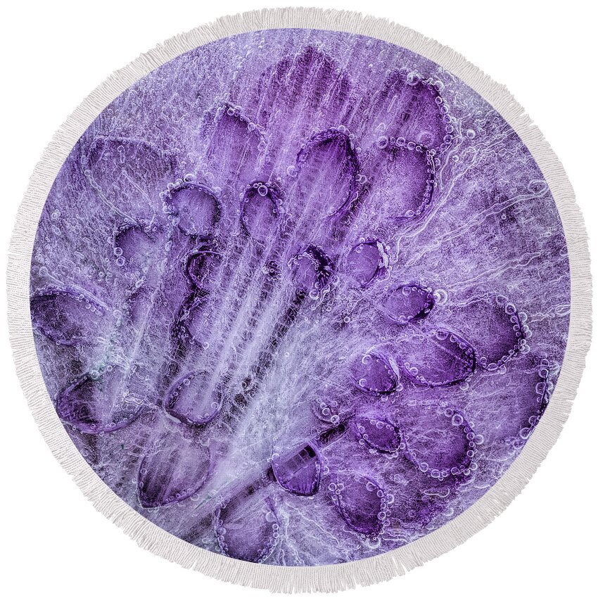 Flower Round Beach Towel featuring the photograph Purple Bubbles In Ice by Elvira Peretsman