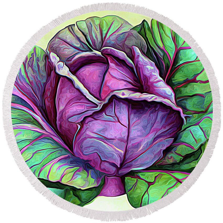 Purple Cabbage Round Beach Towel featuring the digital art Purple Cabbage 5a by Cathy Anderson