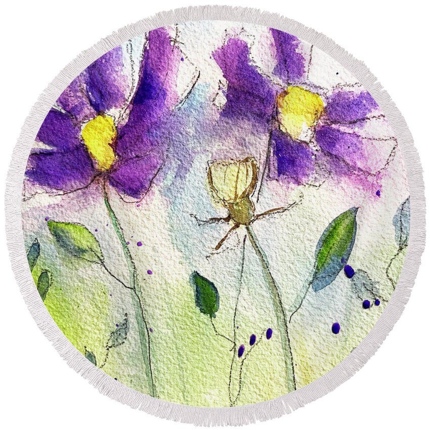 Cosmos Round Beach Towel featuring the painting Purple Cosmos by Roxy Rich