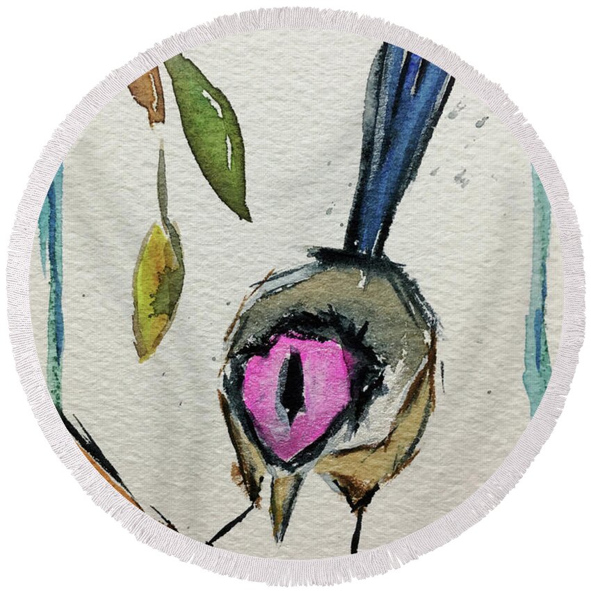 Grand Tit Round Beach Towel featuring the painting Purple Crowned Fairy Wren by Roxy Rich