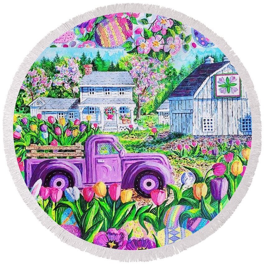 Purple Truck Round Beach Towel featuring the painting Purple Easter Truck by Diane Phalen