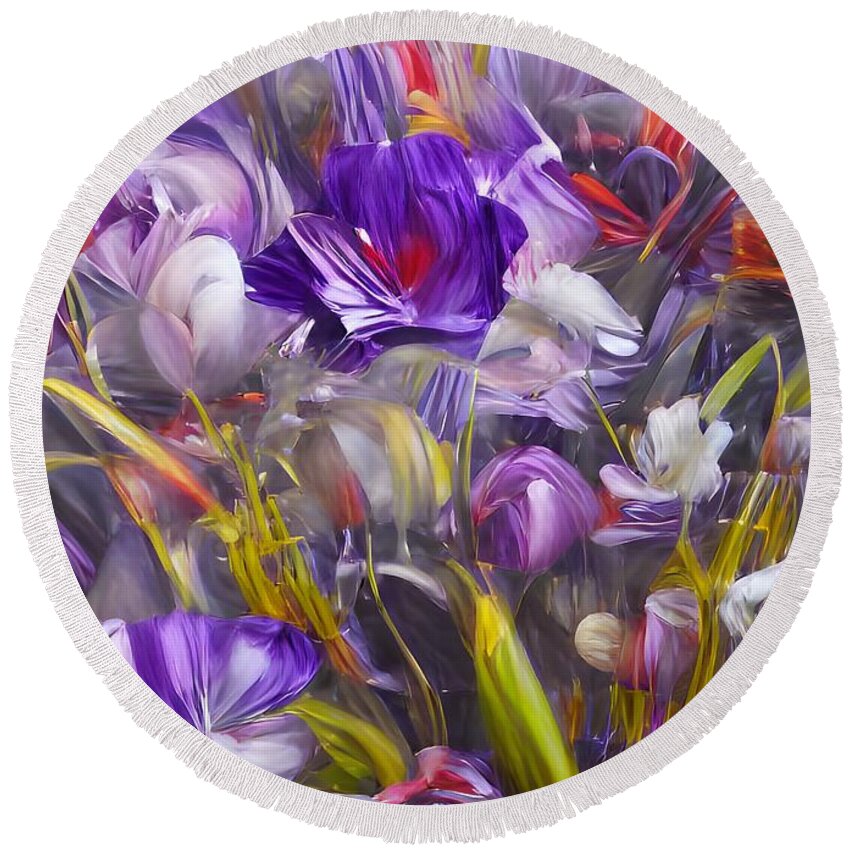 Abstract Round Beach Towel featuring the digital art Purple Flowers by Beverly Read
