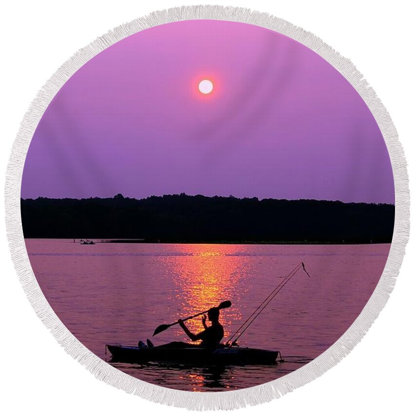 Sunset Round Beach Towel featuring the photograph Purple Haze Sunset by Mary Walchuck