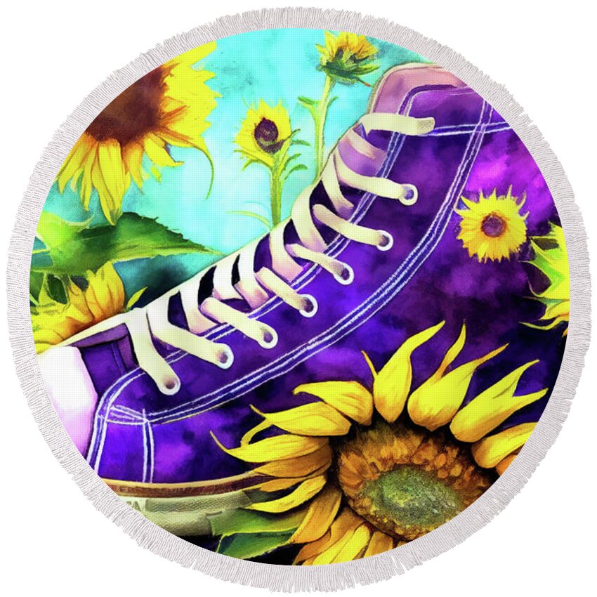 Sneakers Round Beach Towel featuring the painting Purple High Tops And Sunflowers by Tina LeCour