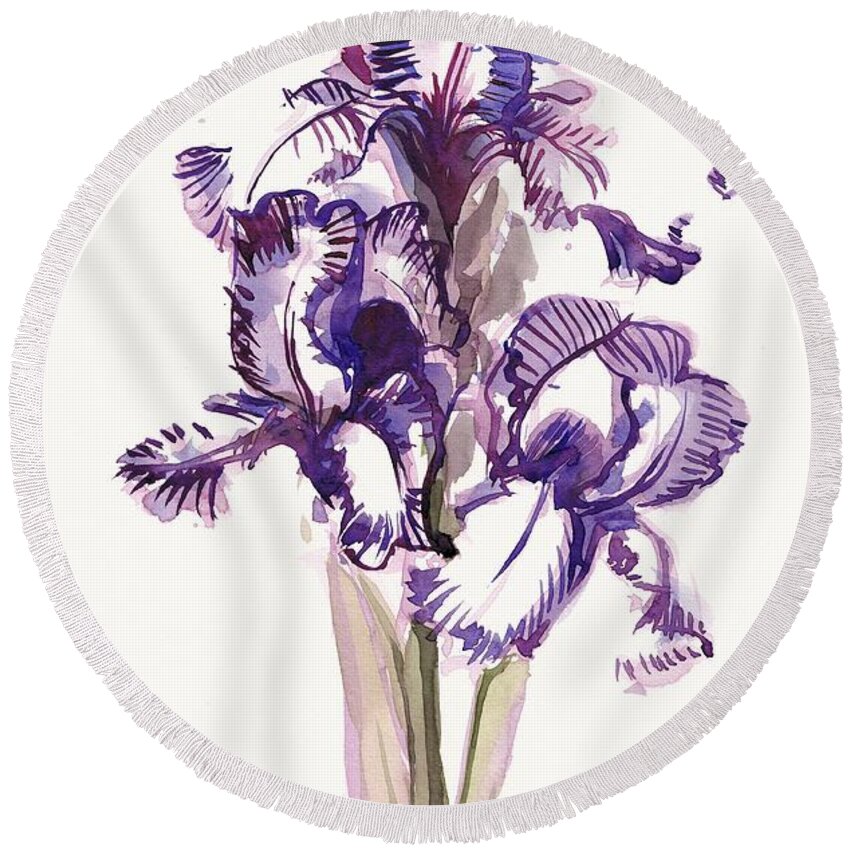 Iris Round Beach Towel featuring the painting Purple Iris by George Cret