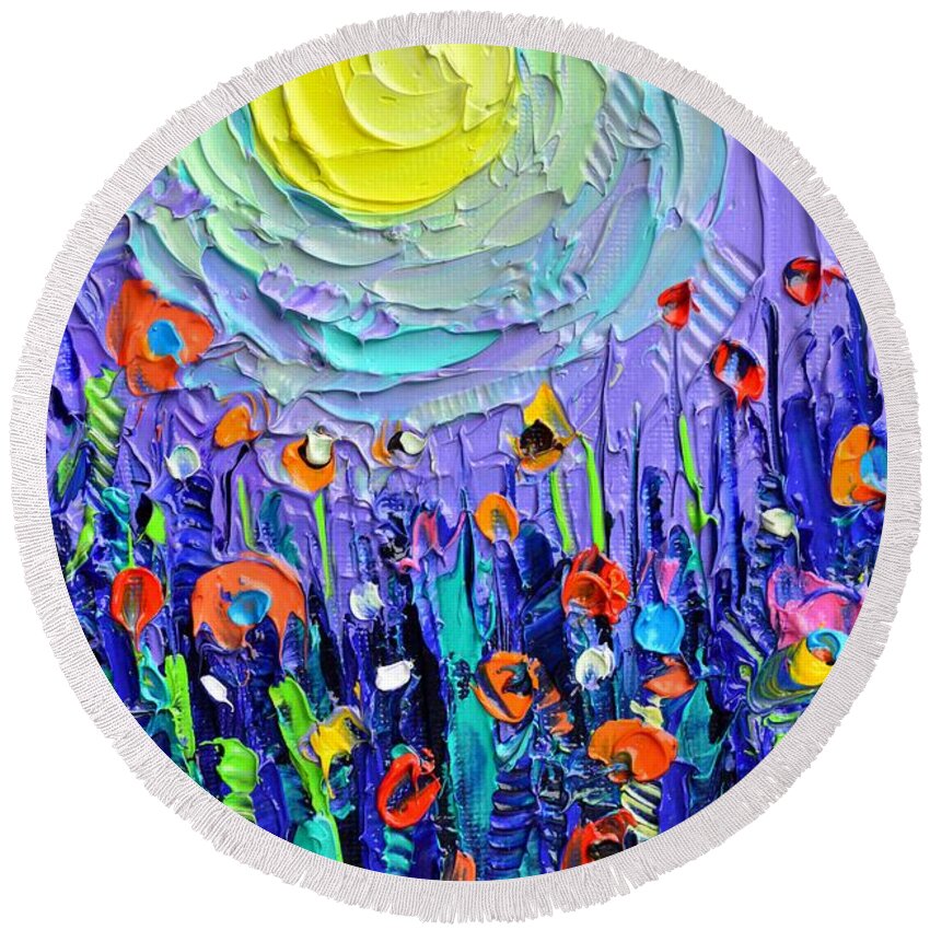 Wildflowers Round Beach Towel featuring the painting PURPLE NIGHT MEADOW BY MOON abstract wildflowers palette knife oil painting Ana Maria Edulescu by Ana Maria Edulescu
