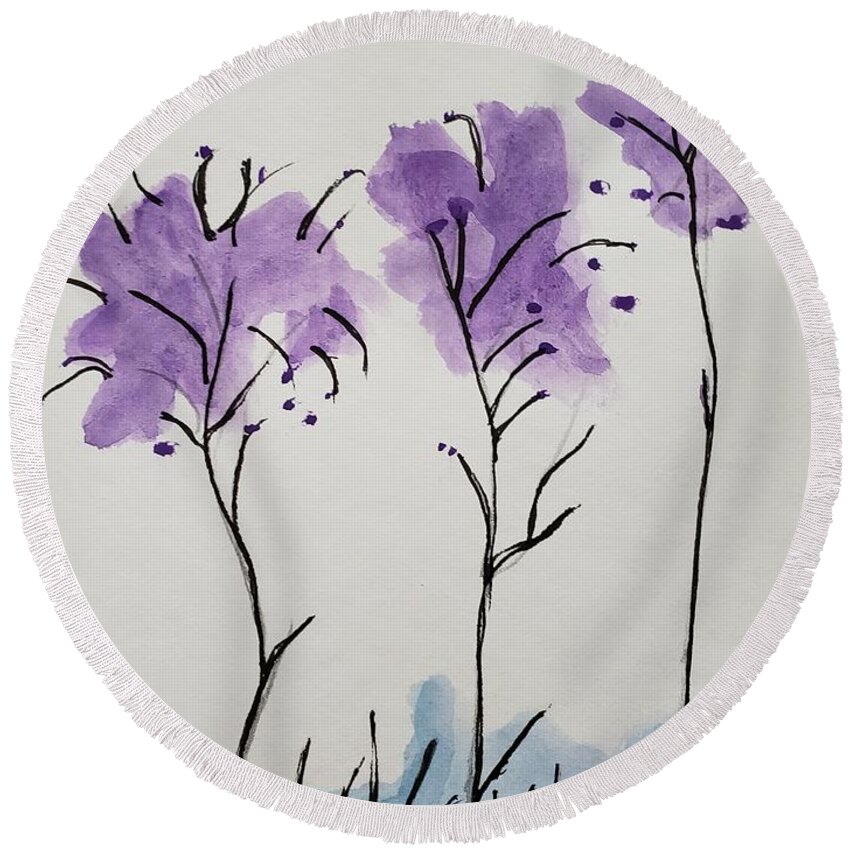  Round Beach Towel featuring the painting Purple Trees by Margaret Welsh Willowsilk