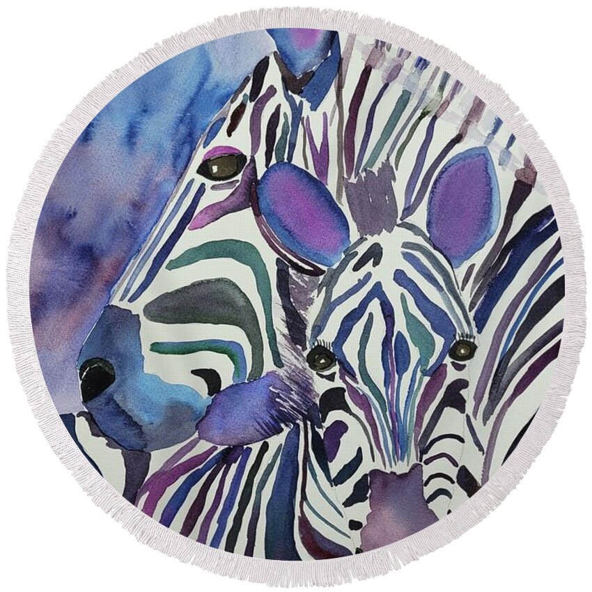 Zebras Round Beach Towel featuring the painting Purple Zebras by Ann Frederick