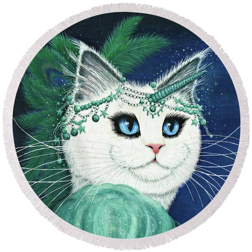 Princess Cat Round Beach Towel featuring the painting Purrincess Isadora - White Cat Unicorn Princess by Carrie Hawks