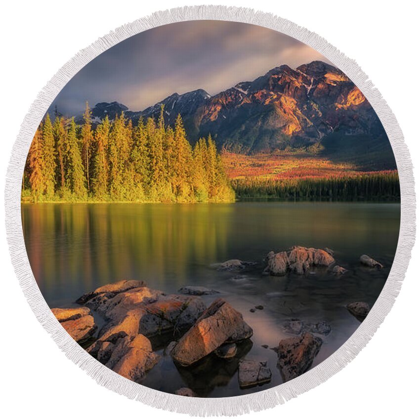 Celia Landscape Photography，celia Fine Art Prints， Canada Rocky Mountain Landscape Pictures Round Beach Towel featuring the photograph Pyramid Mountain and Pyramid Island Lighted by Morning Light by Celia Zhen