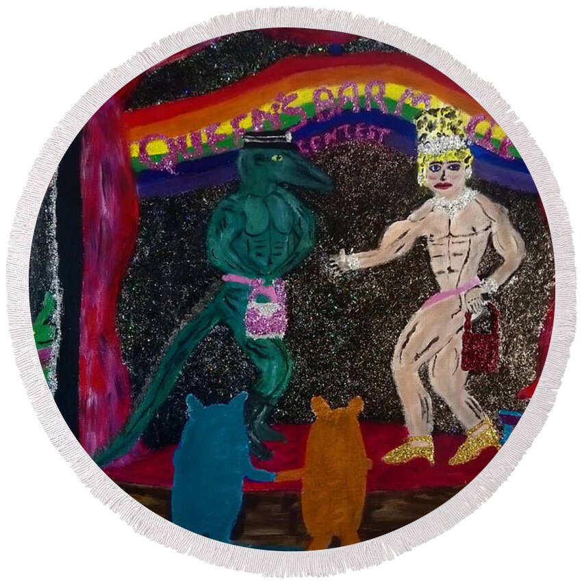 Lgbtq Round Beach Towel featuring the painting Queens bar muscle contest by David Westwood