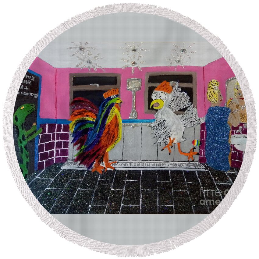 Lgbtq Round Beach Towel featuring the painting Queens bar sweatbox rules by David Westwood