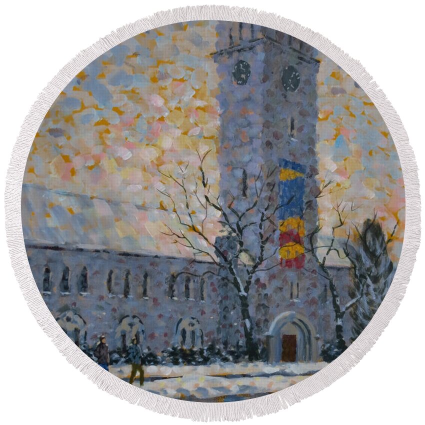 Canada Round Beach Towel featuring the painting Queens University-Grant Hall by David Gilmore