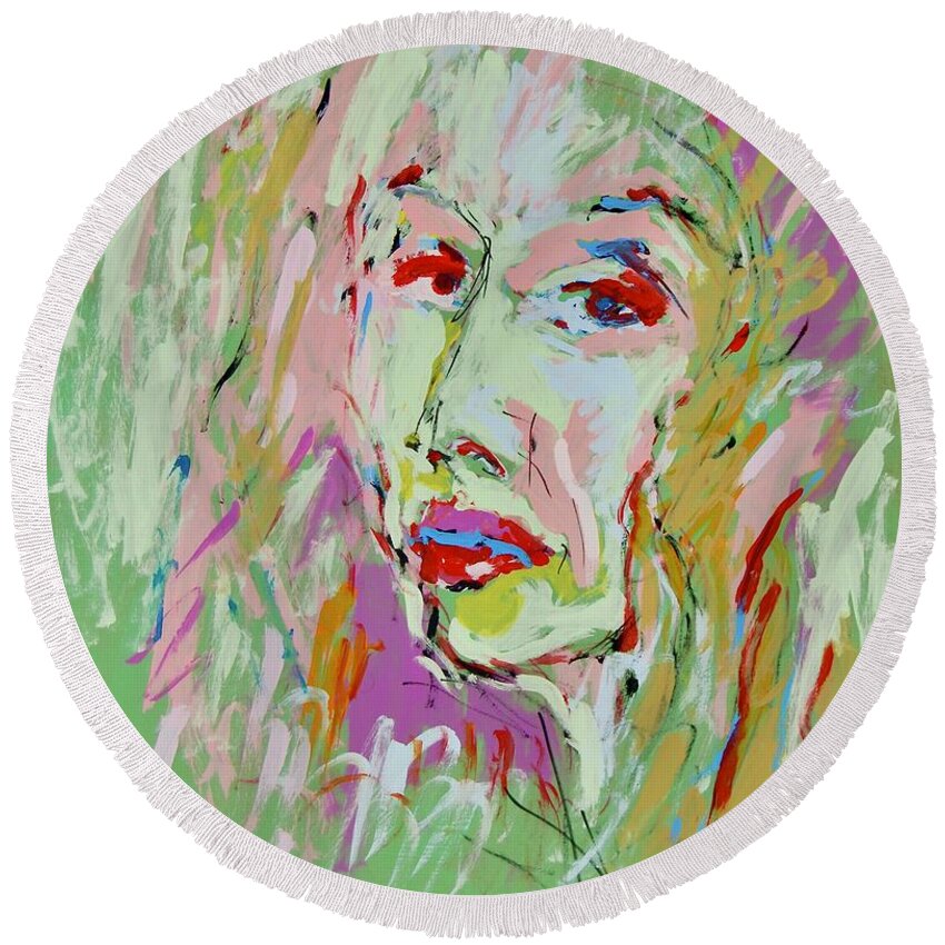 Abstract Round Beach Towel featuring the painting Quest in the portrait by Pierre Dijk