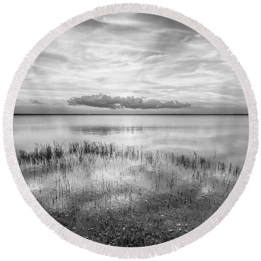 Black Round Beach Towel featuring the photograph Quiet Evening on the Marsh Black and White by Debra and Dave Vanderlaan