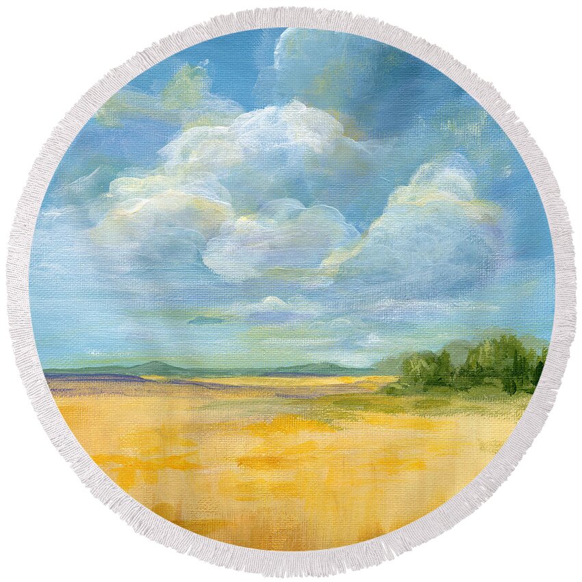Landscape Round Beach Towel featuring the painting Quiet - Nebraska Skies by Annie Troe